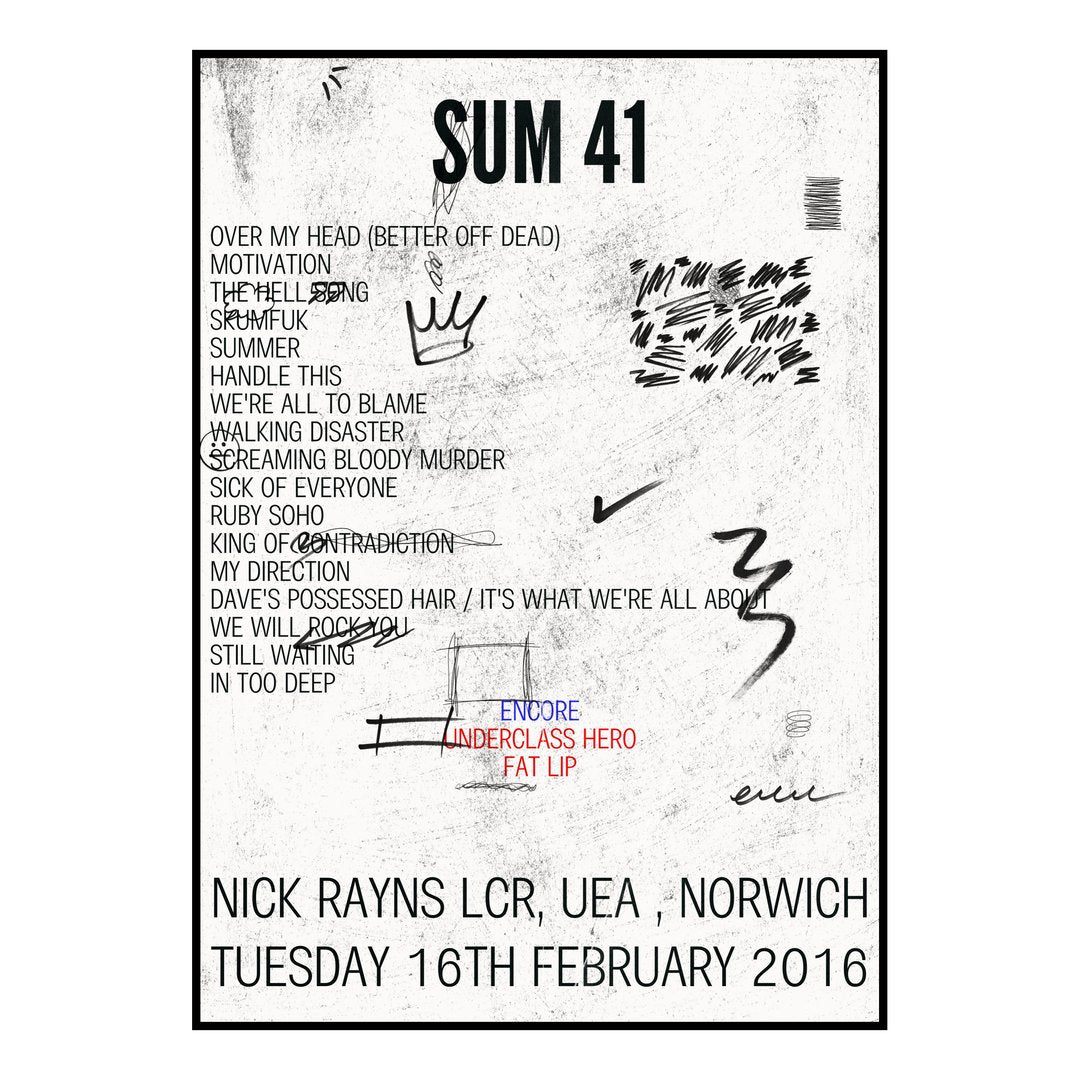 Sum 41 Norwich 16th February 2016 Setlist poster