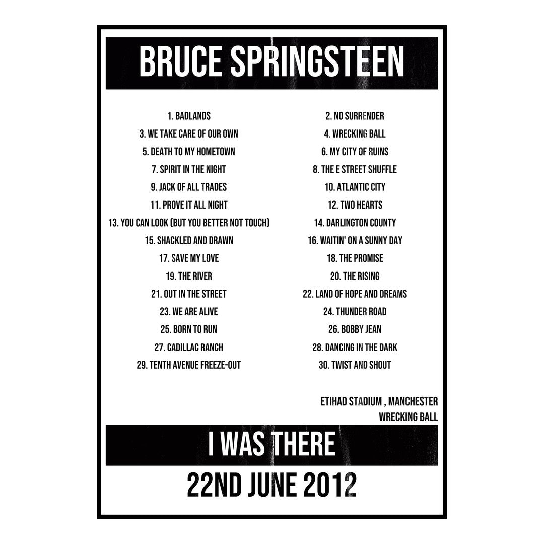 Bruce Springsteen Manchester 22nd June 2012 Setlist poster