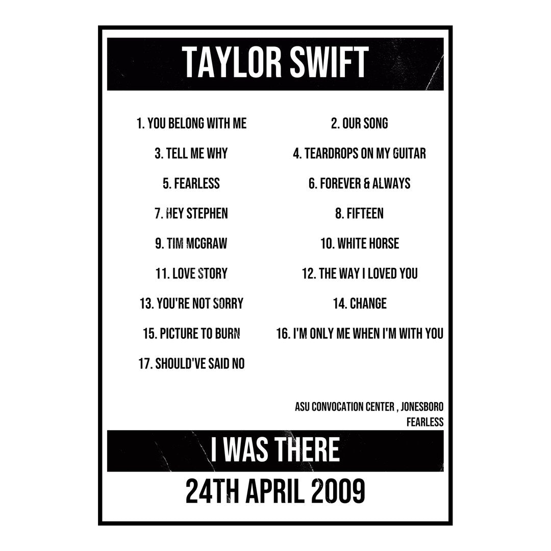 Taylor Swift Jonesboro 24th April 2009 Setlist poster
