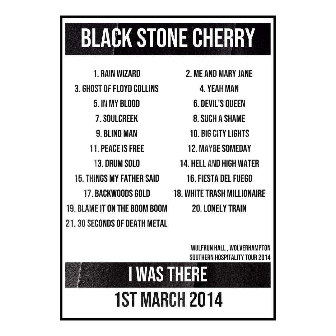 Black Stone Cherry Wolverhampton 1st March 2014 Setlist poster