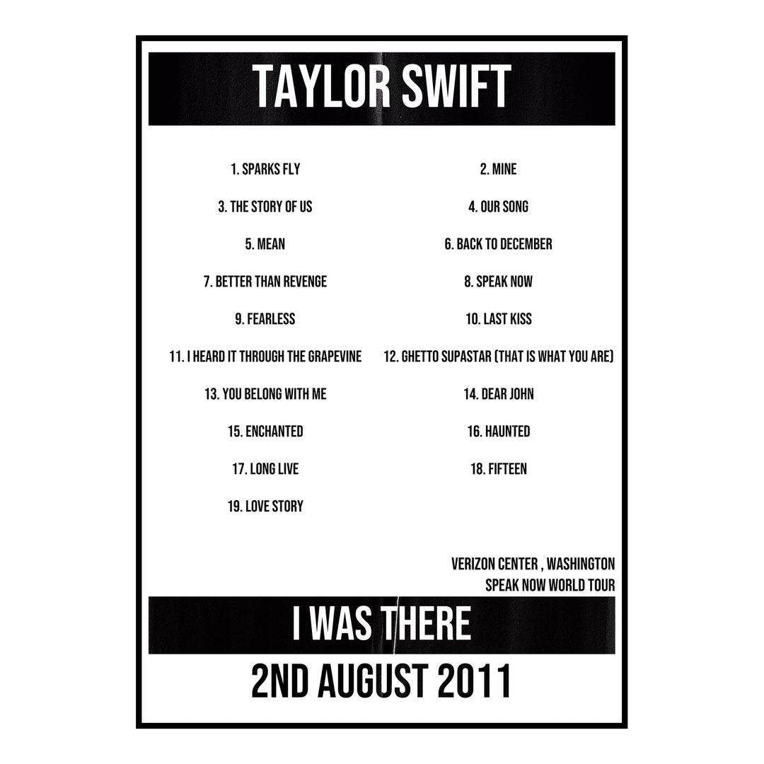 Taylor Swift Washington 2nd August 2011 Setlist poster