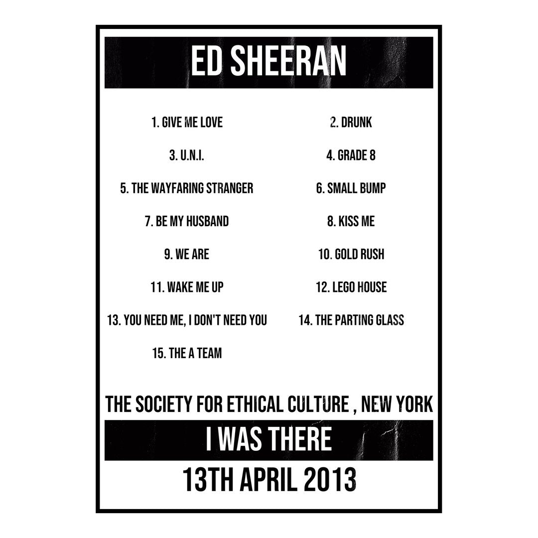 Ed Sheeran New York 13th April 2013 Setlist poster