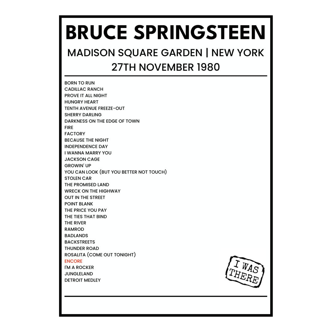 Bruce Springsteen New York 27th November 1980 Setlist poster