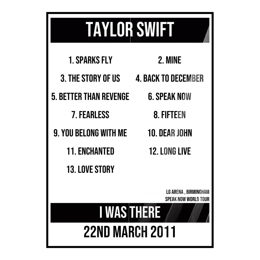 Taylor Swift Birmingham 22nd March 2011 Setlist poster