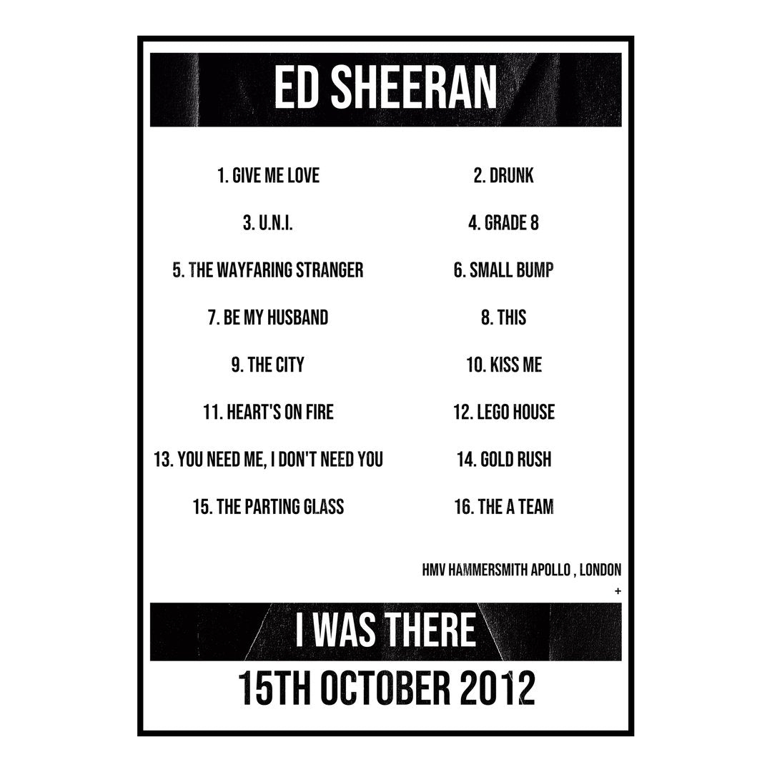 Ed Sheeran London 15th October 2012 Setlist poster