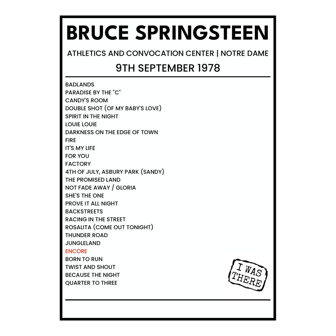 Bruce Springsteen Notre Dame 9th September 1978 Setlist poster