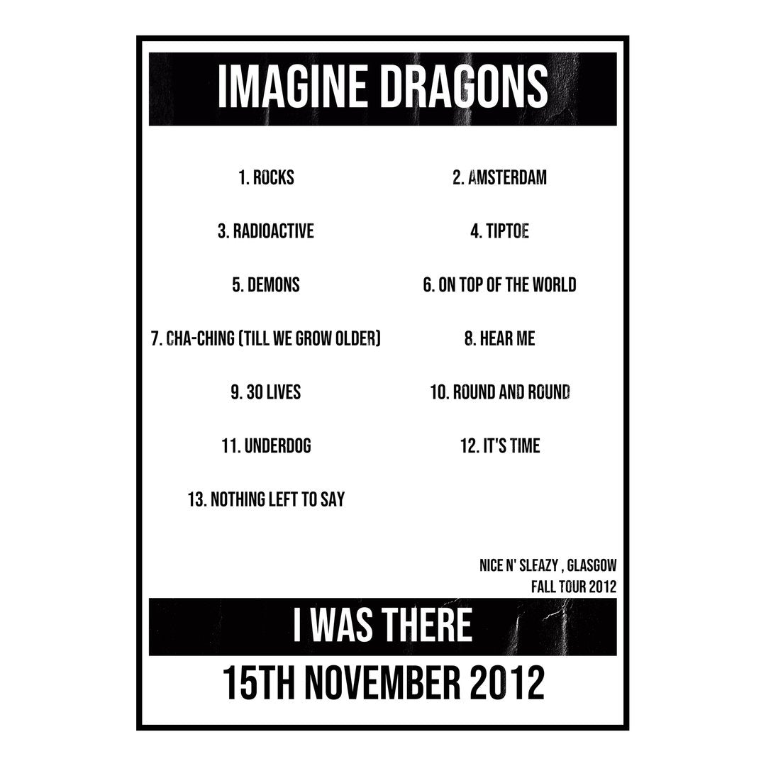 Imagine Dragons Glasgow 15th November 2012 Setlist poster