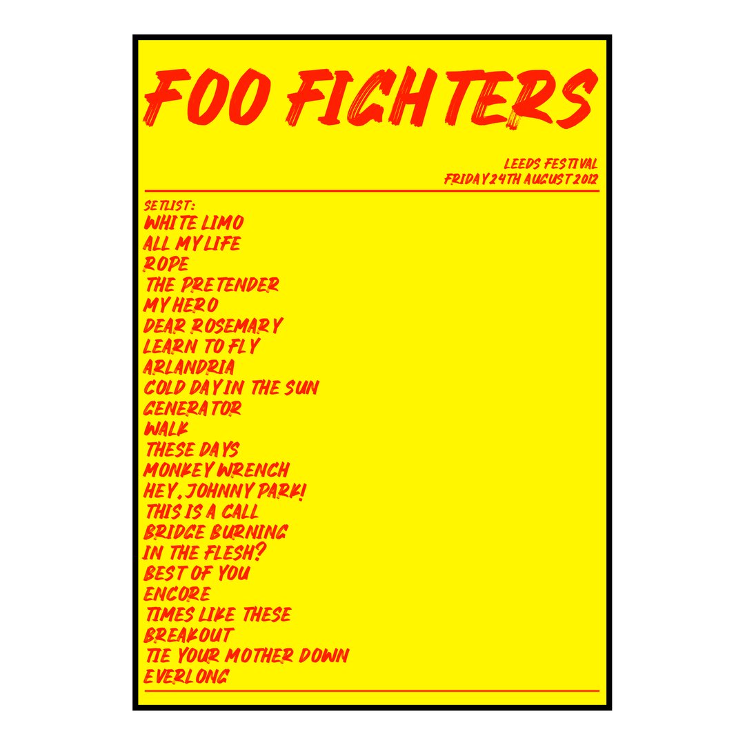 Foo Fighters Bramham 24th August 2012 Setlist poster