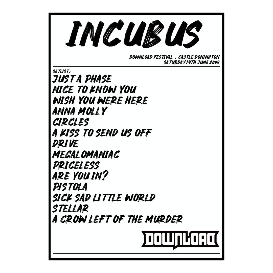 Incubus Castle Donington 14th June 2008 Setlist poster