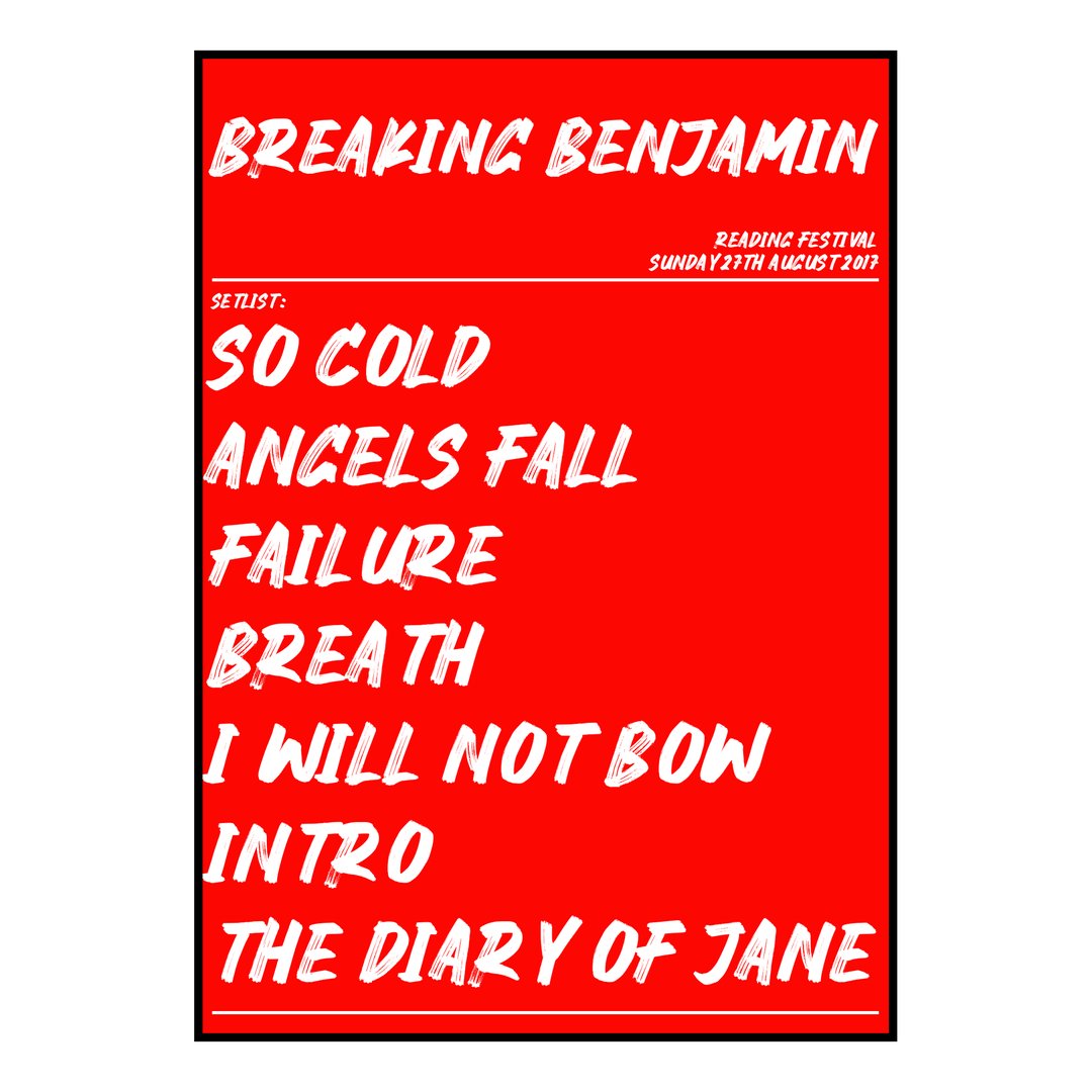 Breaking Benjamin Reading 27th August 2017 Setlist poster