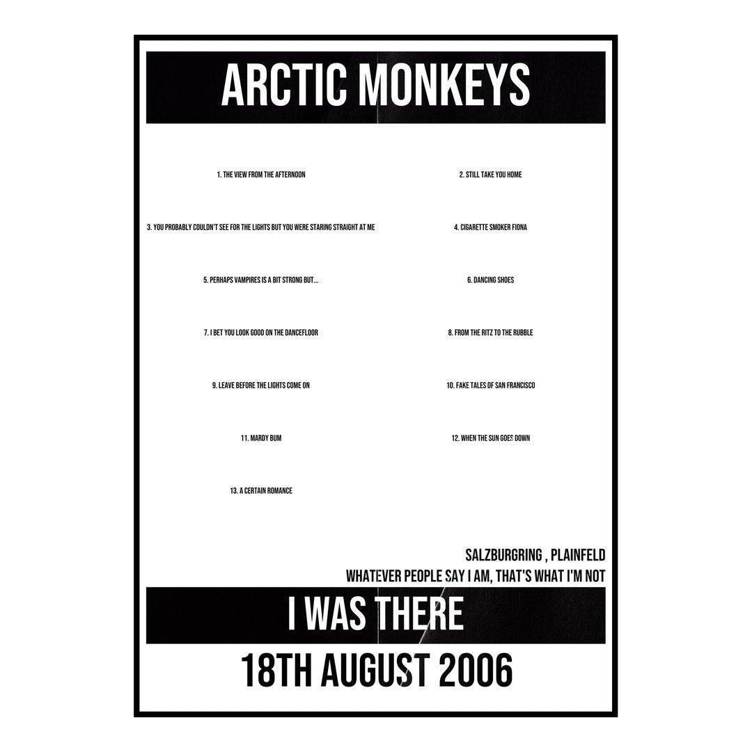 Arctic Monkeys Plainfeld 18th August 2006 Setlist poster