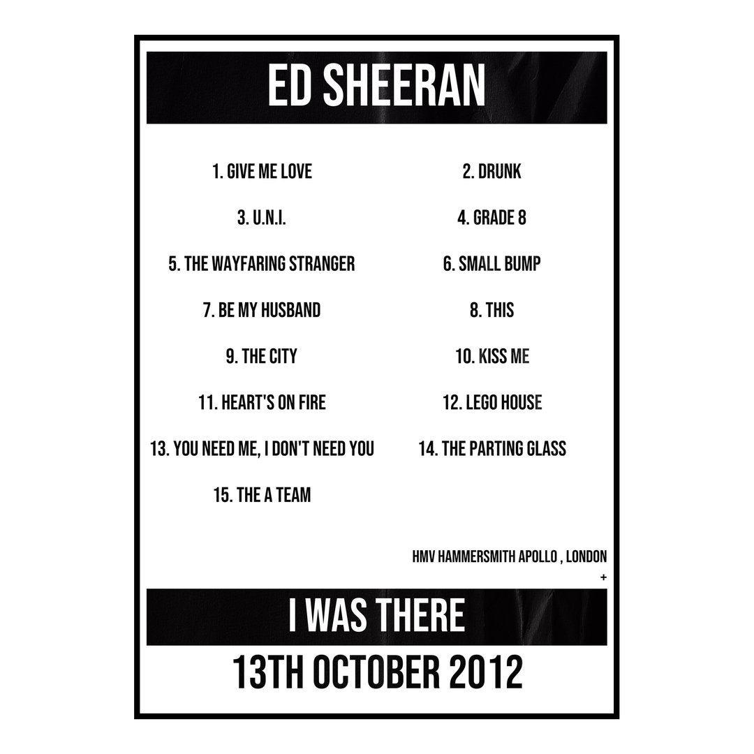 Ed Sheeran London 13th October 2012 Setlist poster