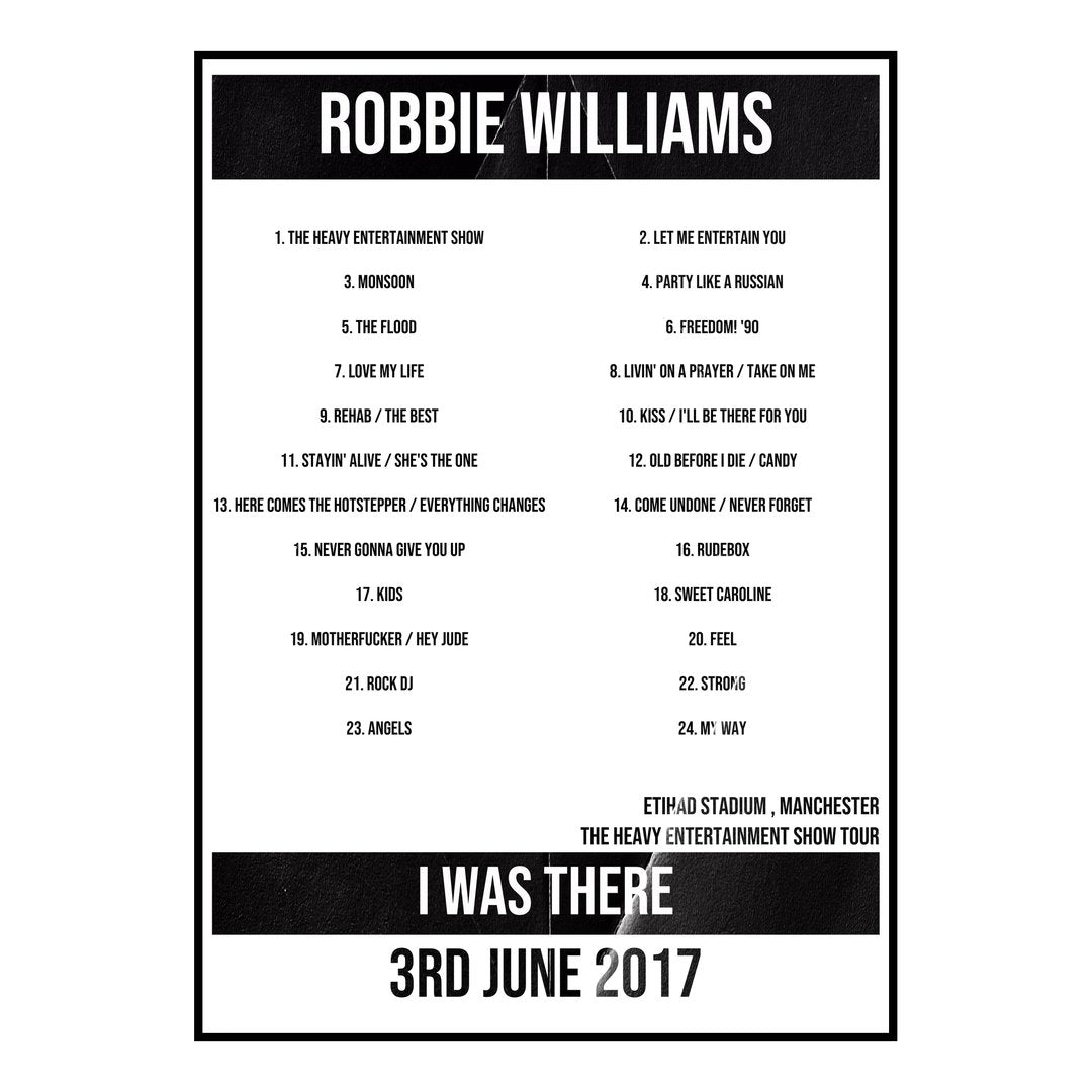 Robbie Williams Manchester 3rd June 2017 Setlist poster