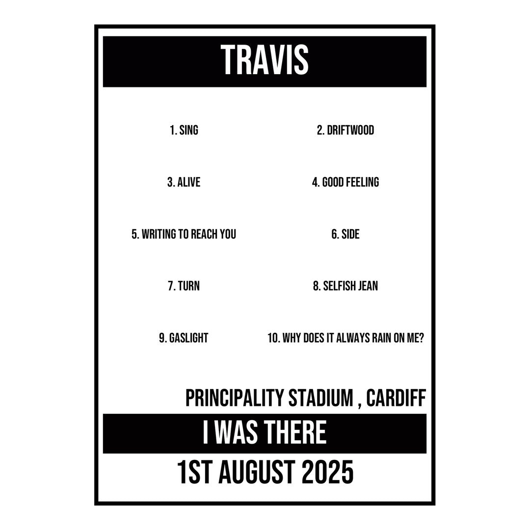 A Setlist Poster Featuring Travis Gig from Cardiff in 2025