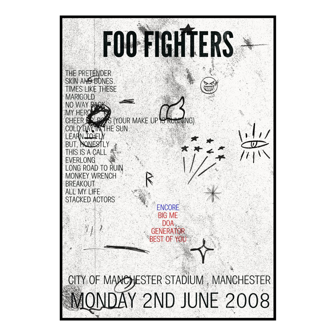 Foo Fighters Manchester 2nd June 2008 Setlist poster