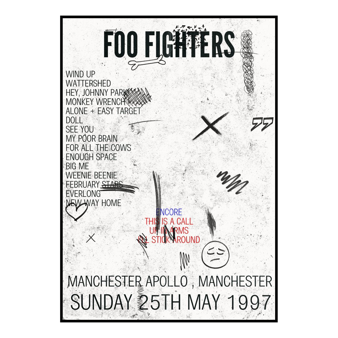Foo Fighters Manchester 25th May 1997 Setlist poster