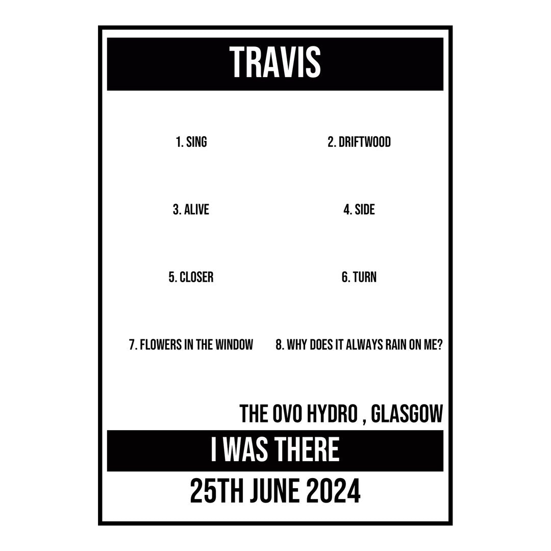 A Setlist Poster Featuring Travis Gig from Glasgow in 2024
