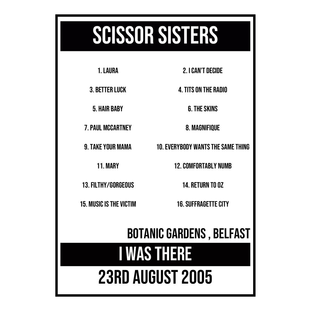 A Setlist Poster Featuring Scissor Sisters Gig from Belfast in 2005
