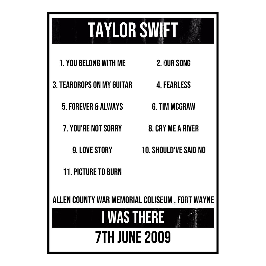 Taylor Swift Fort Wayne 7th June 2009 Setlist poster