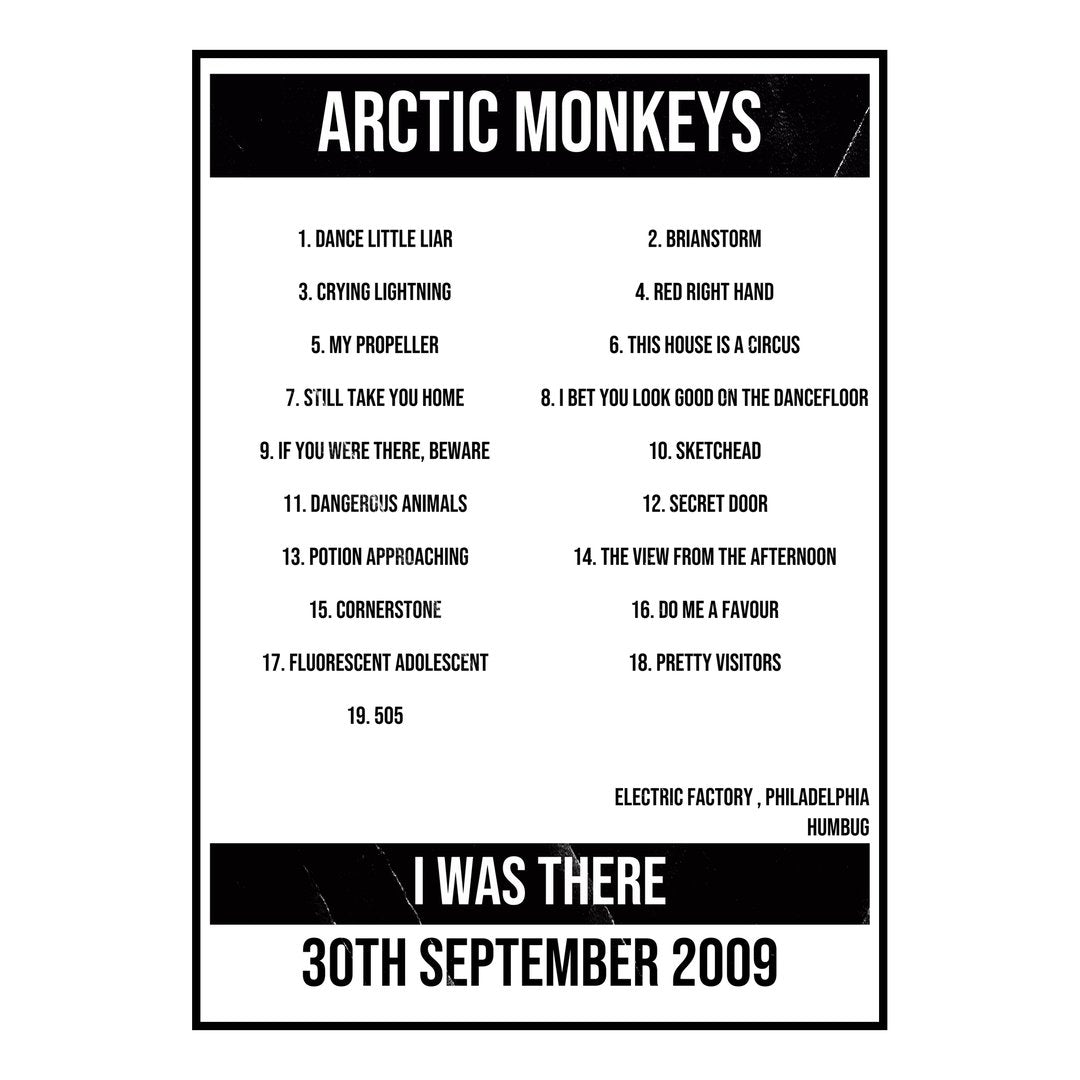 Arctic Monkeys Philadelphia 30th September 2009 Setlist poster