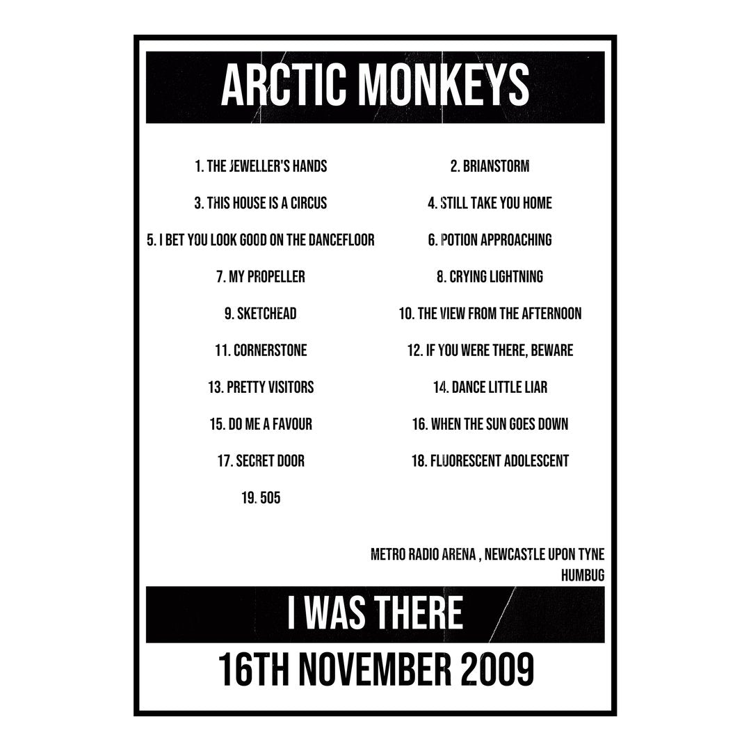 Arctic Monkeys Newcastle upon Tyne 16th November 2009 Setlist poster