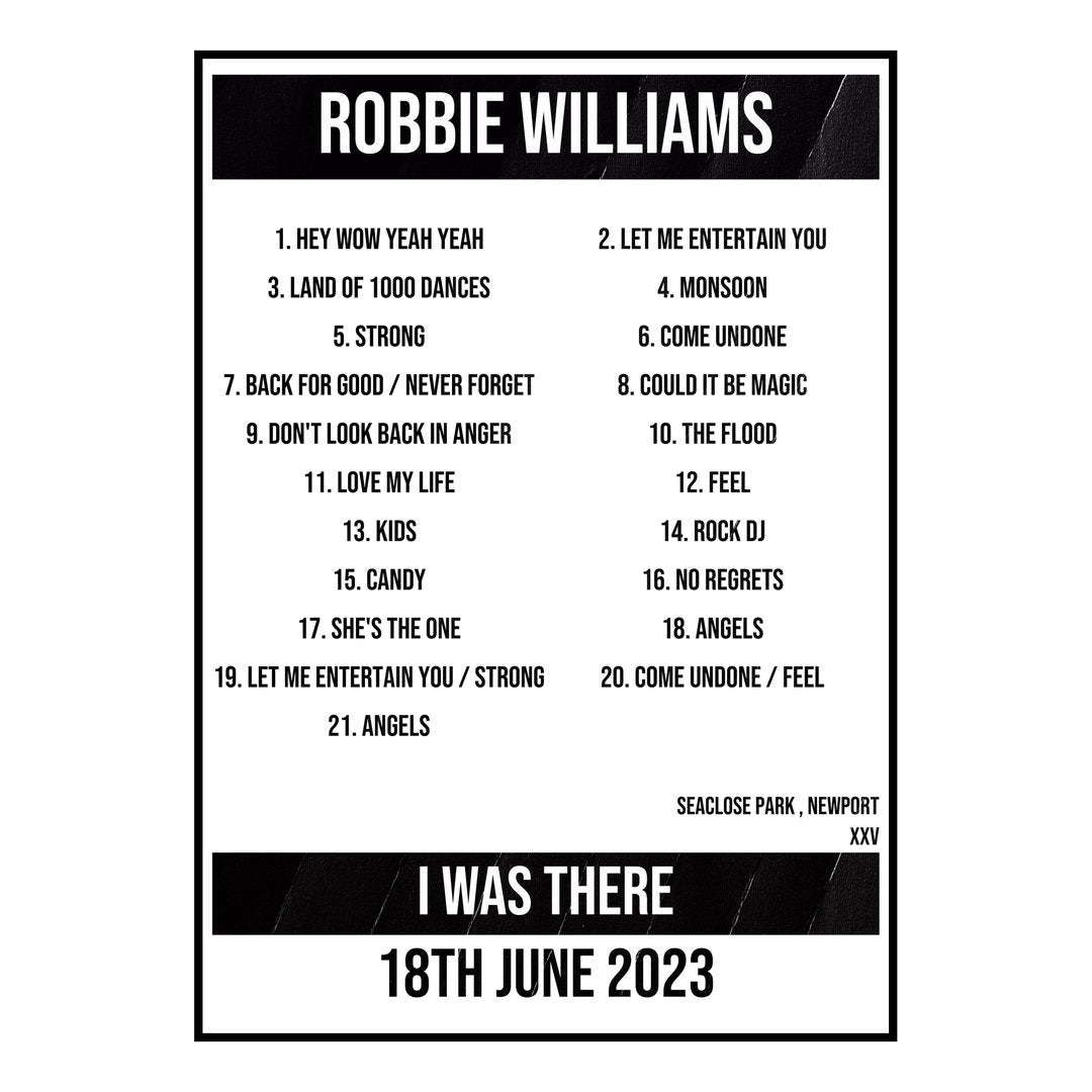 Robbie Williams Newport 18th June 2023 Setlist poster