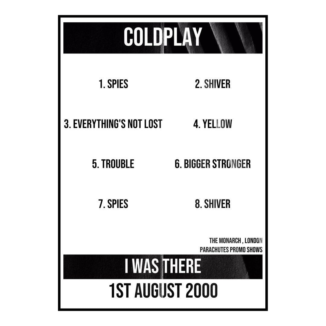 Coldplay London 1st August 2000 Setlist poster