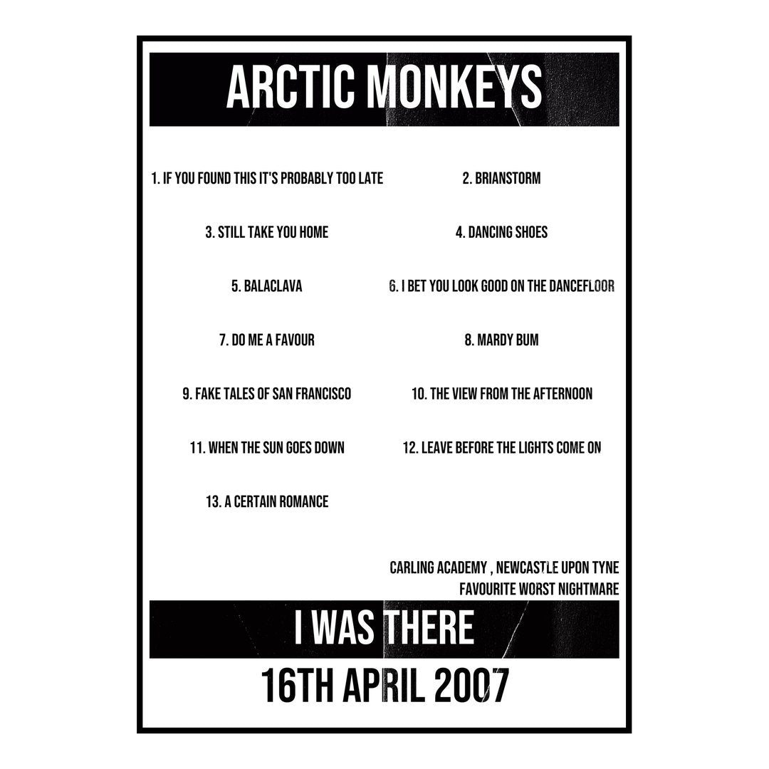 Arctic Monkeys Newcastle upon Tyne 16th April 2007 Setlist poster