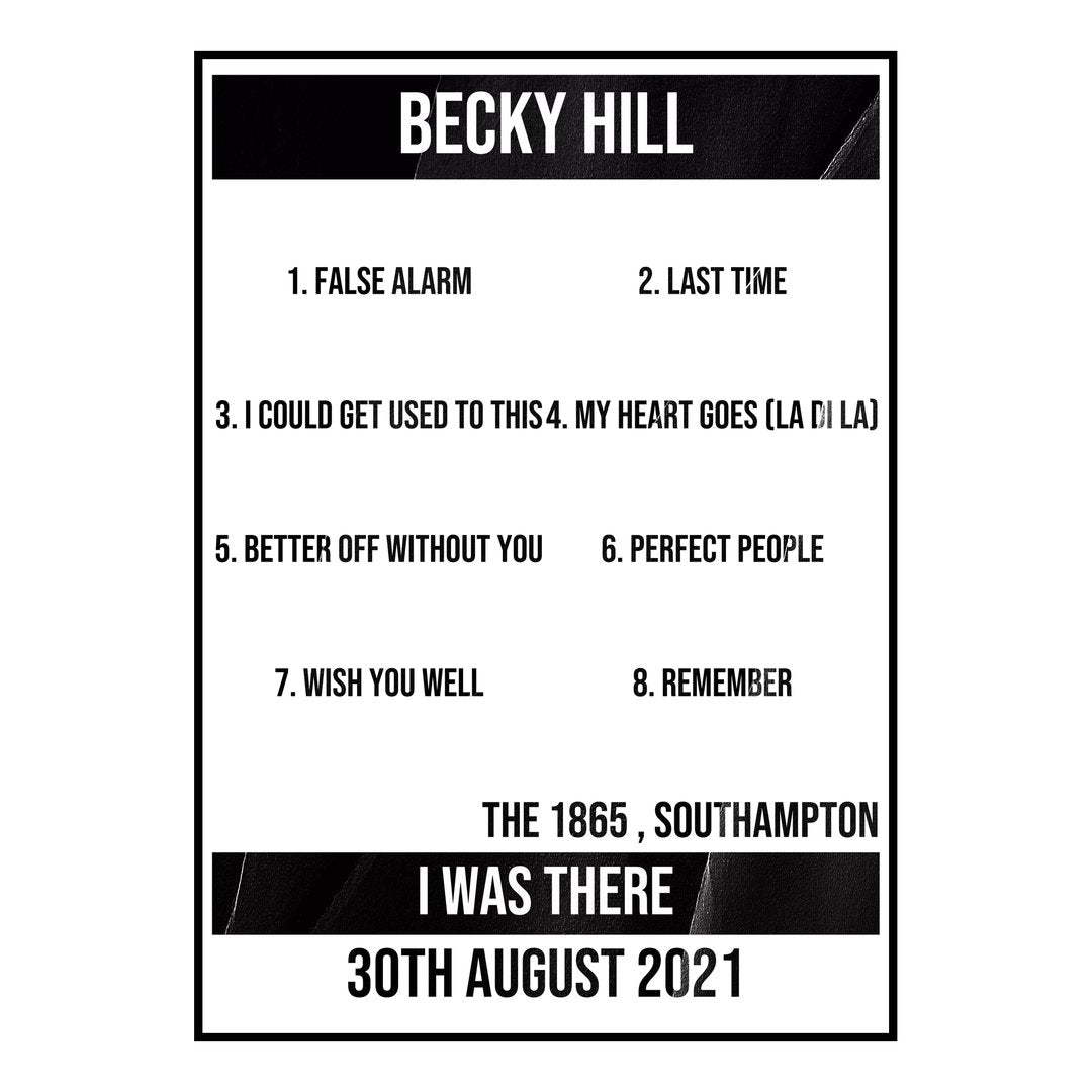 Becky Hill Southampton 30th August 2021 Setlist poster