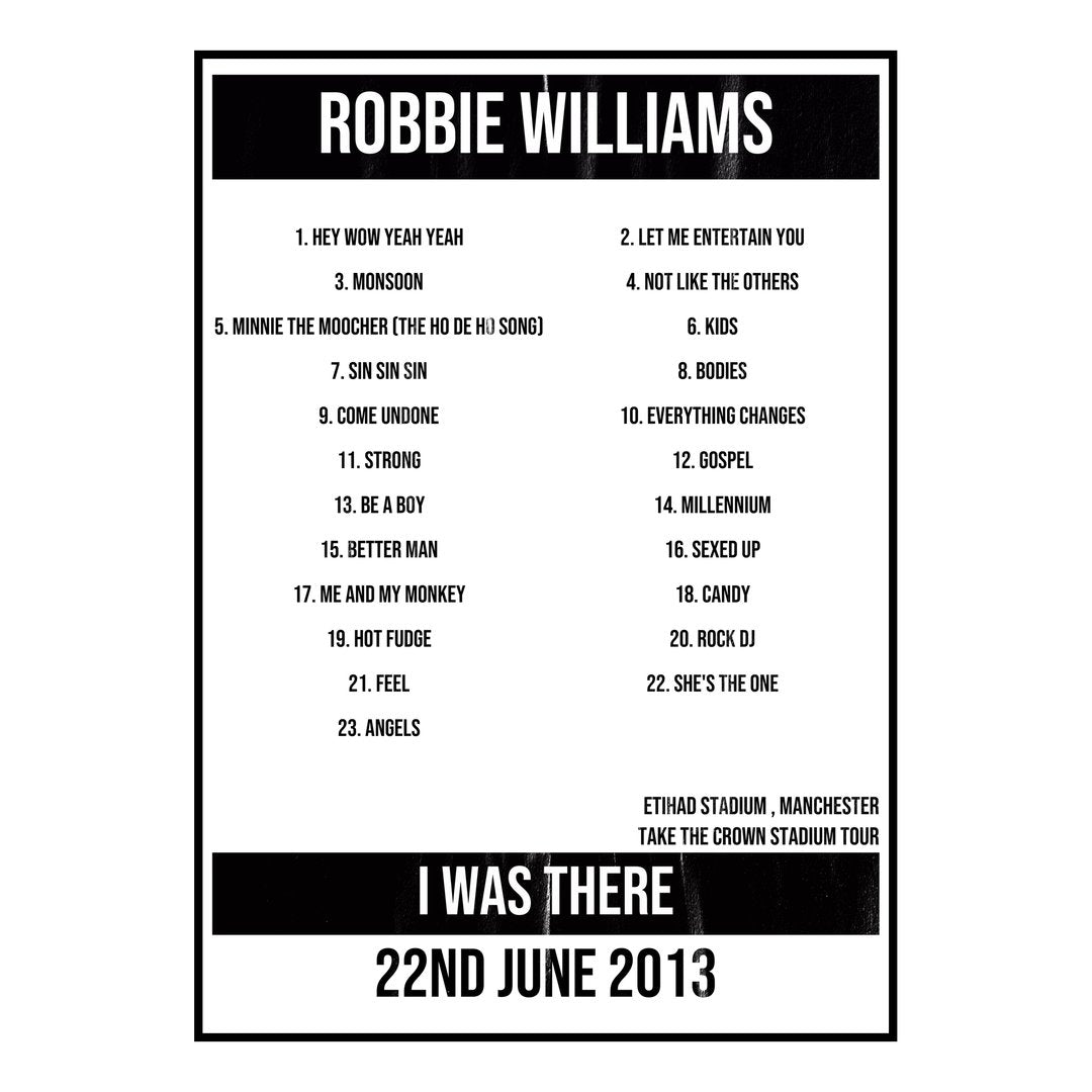 Robbie Williams Manchester 22nd June 2013 Setlist poster