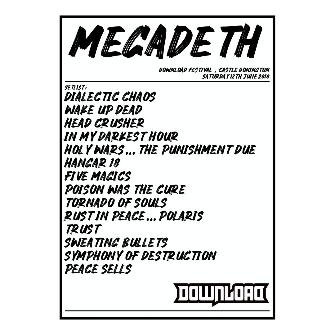 Megadeth Castle Donington 12th June 2010 Setlist poster