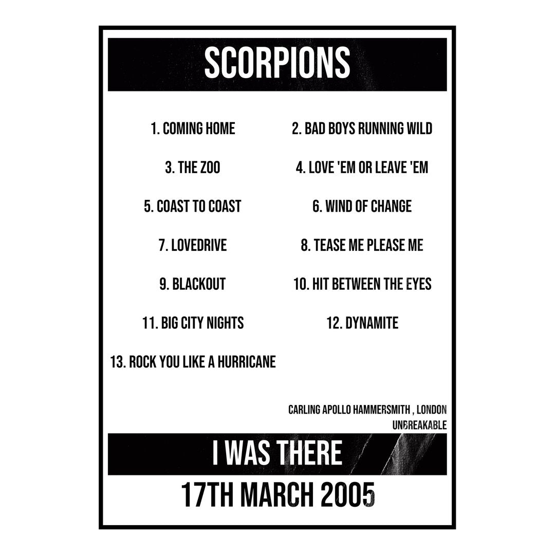 Scorpions London 17th March 2005 Setlist poster