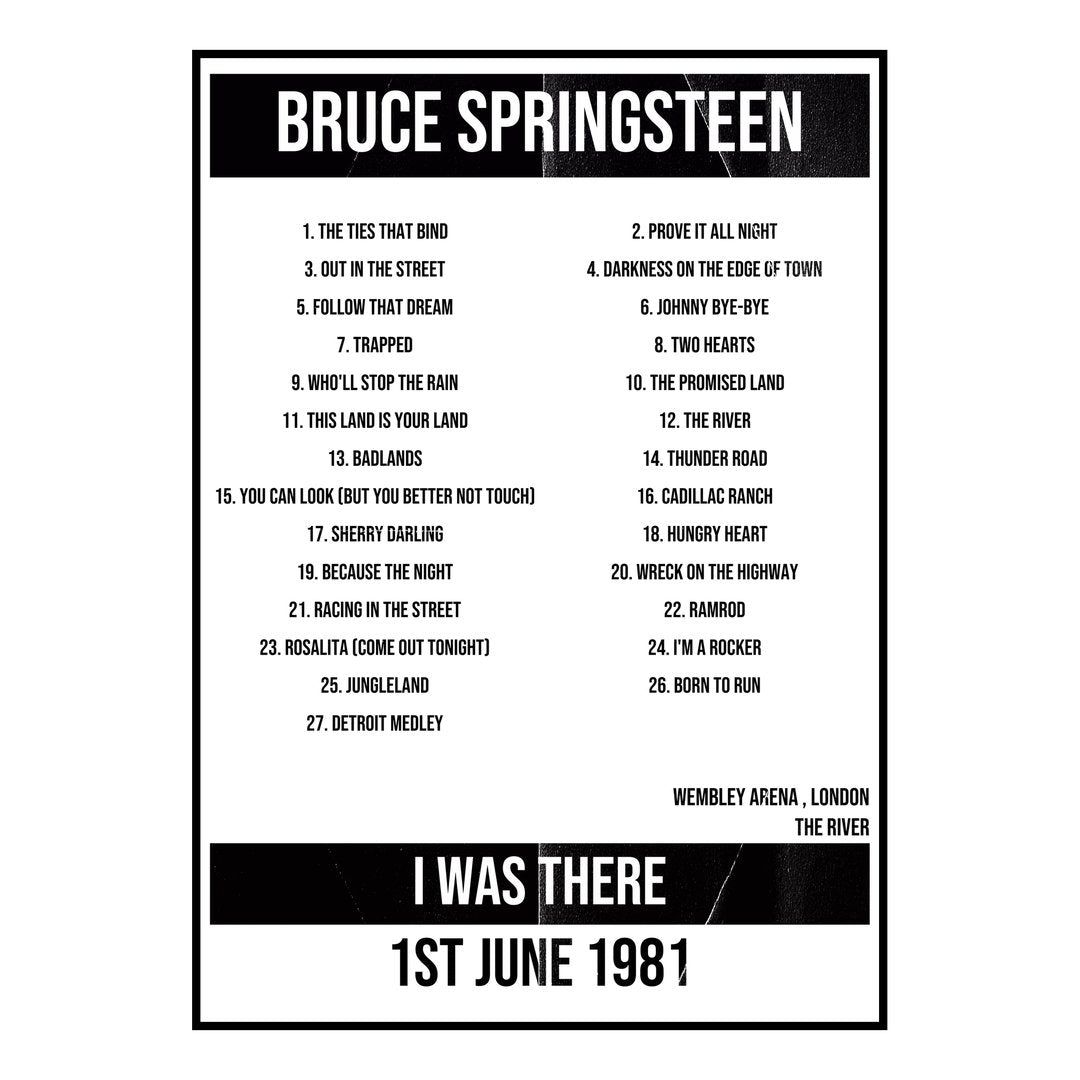 Bruce Springsteen London 1st June 1981 Setlist poster