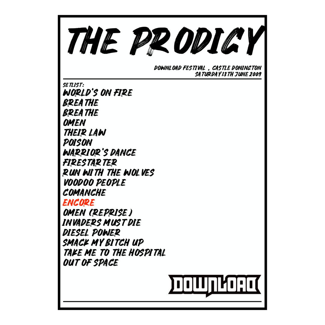 The Prodigy Castle Donington 13th June 2009 Setlist poster