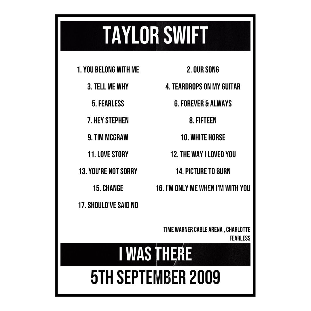 Taylor Swift Charlotte 5th September 2009 Setlist poster