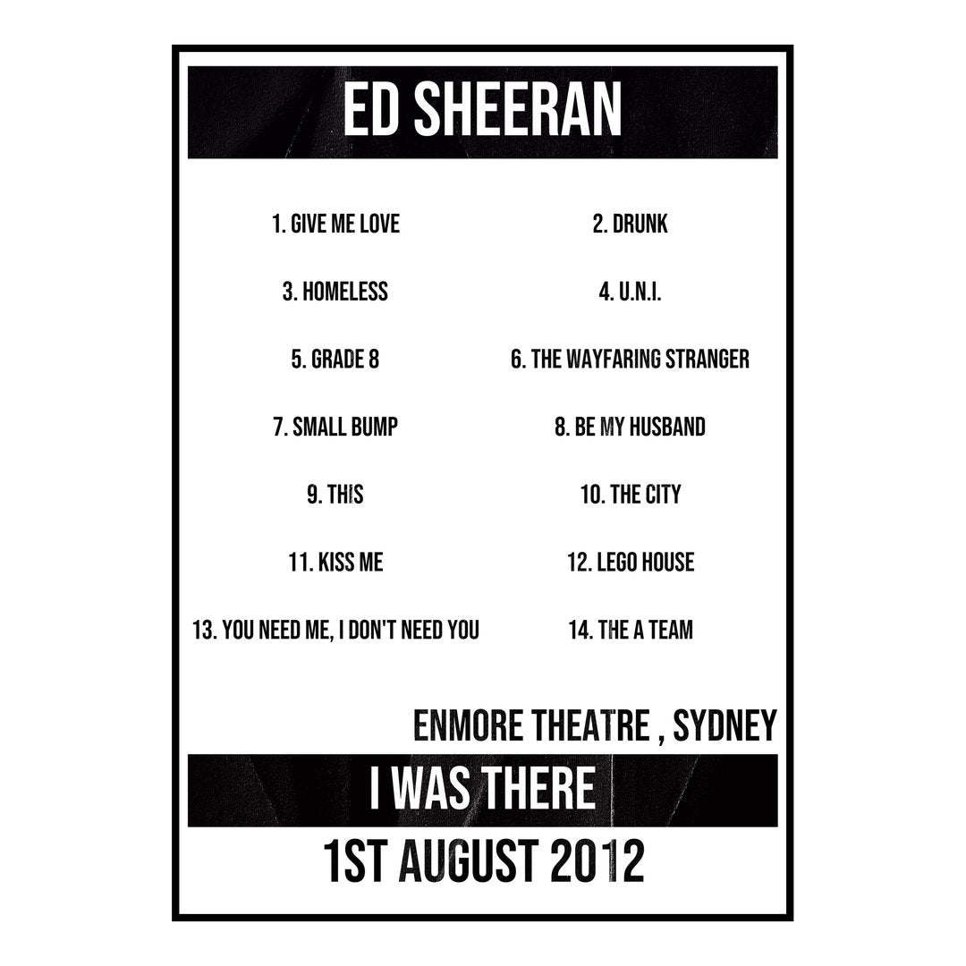 Ed Sheeran Sydney 1st August 2012 Setlist poster