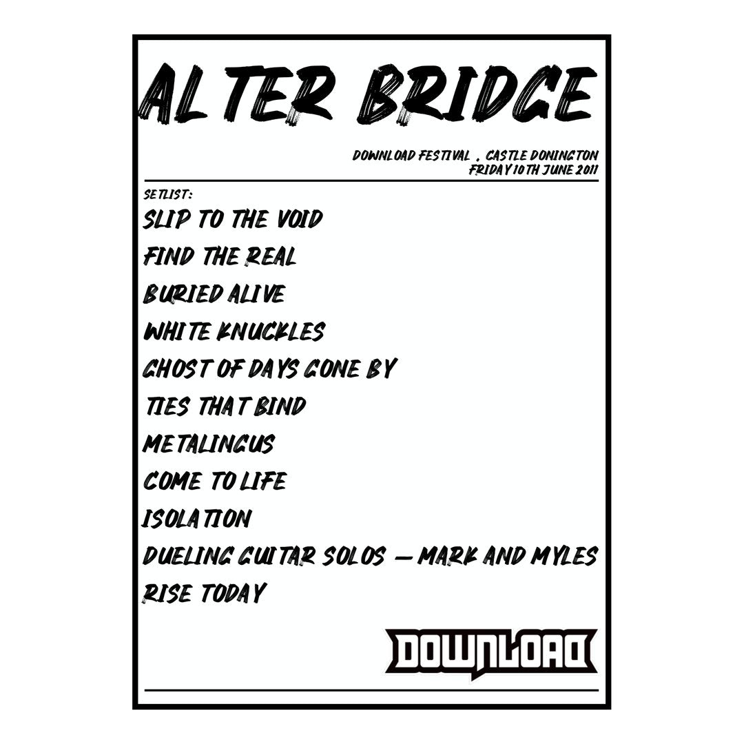 Alter Bridge Castle Donington 10th June 2011 Setlist poster
