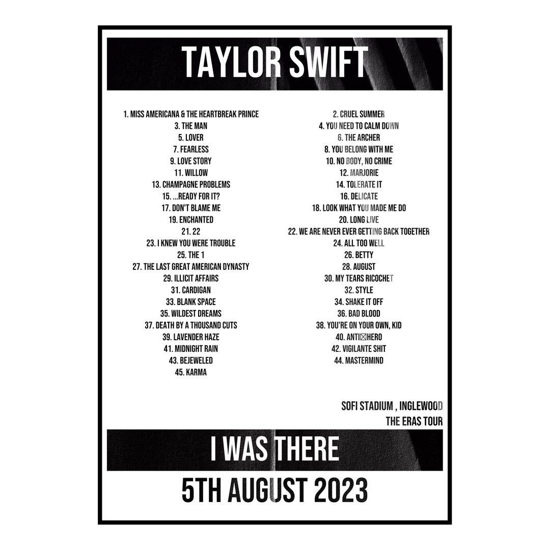Taylor Swift Inglewood 5th August 2023 Setlist poster