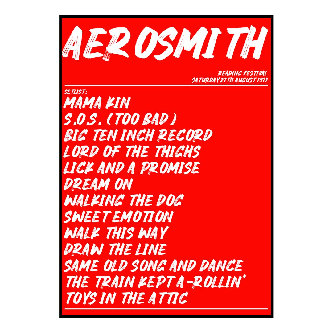 Aerosmith Reading 27th August 1977 Setlist poster