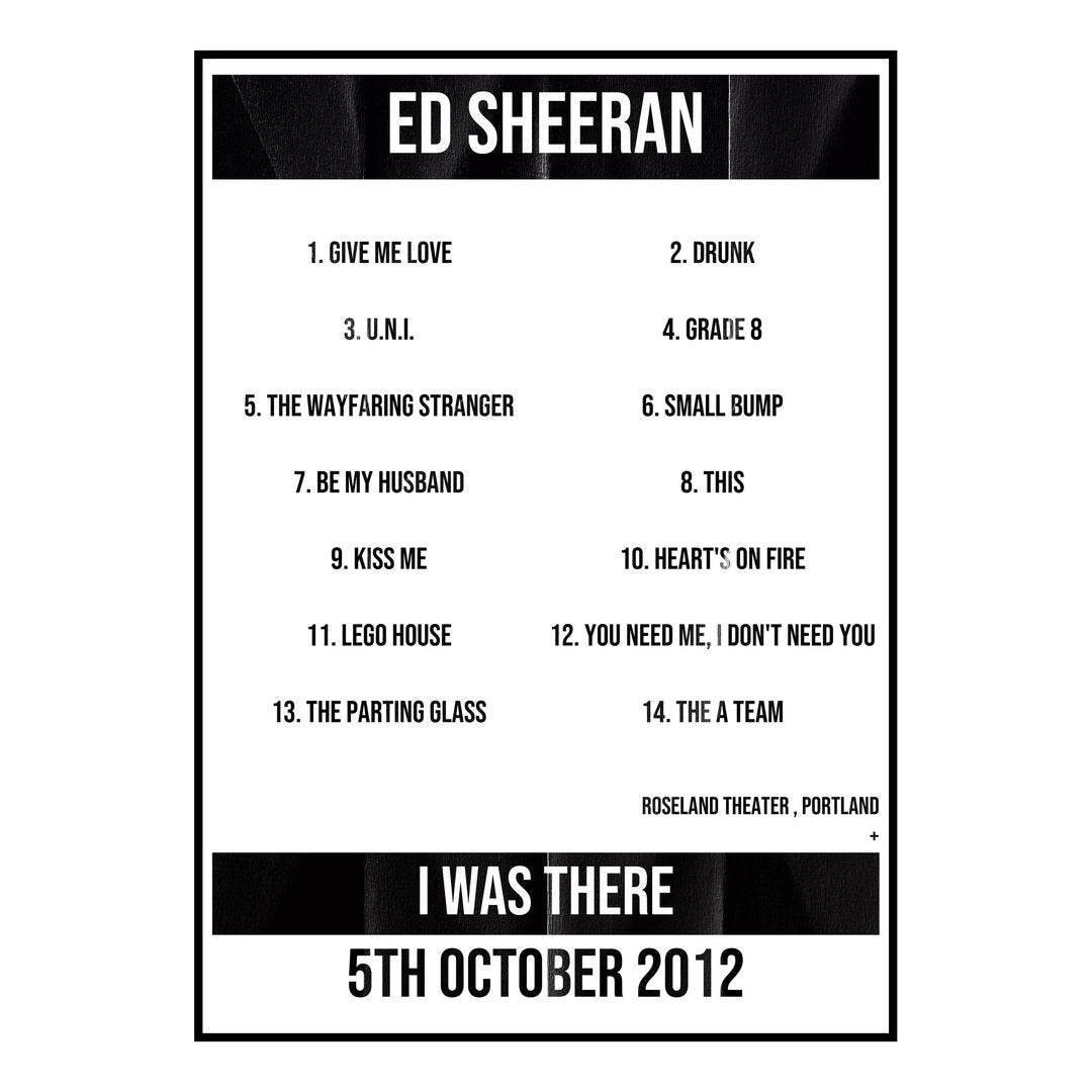 Ed Sheeran Portland 5th October 2012 Setlist poster