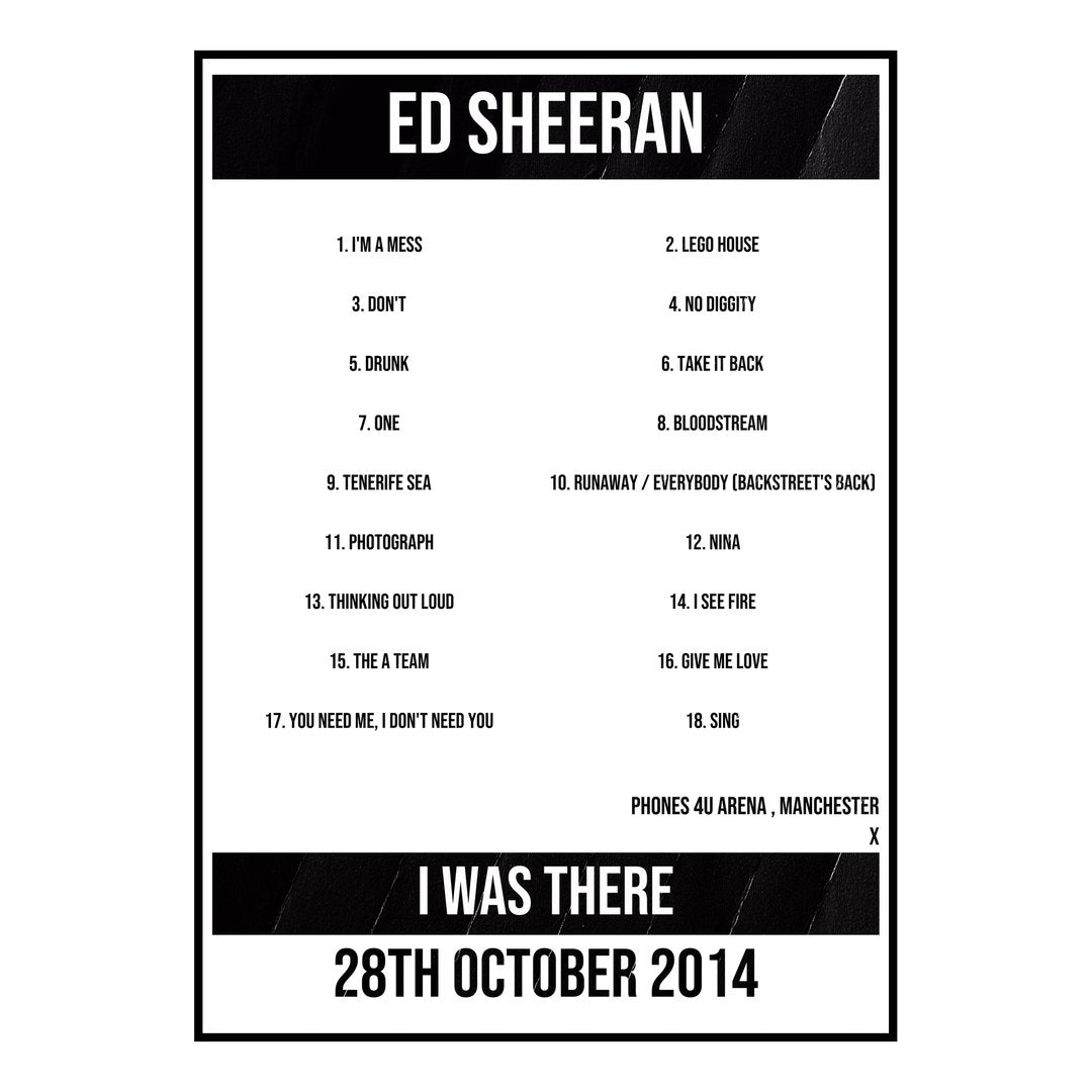 Ed Sheeran Manchester 28th October 2014 Setlist poster