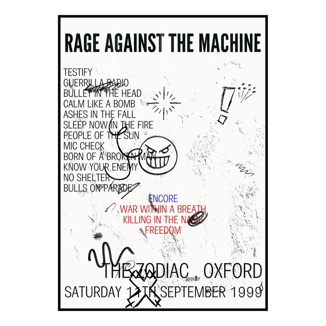 Rage Against the Machine Oxford 11th September 1999 Setlist poster
