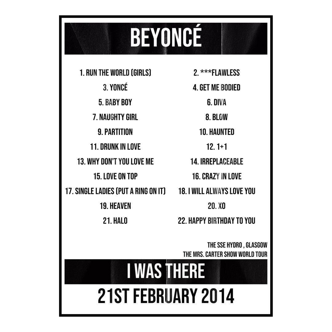 Beyoncé Glasgow 21st February 2014 Setlist poster