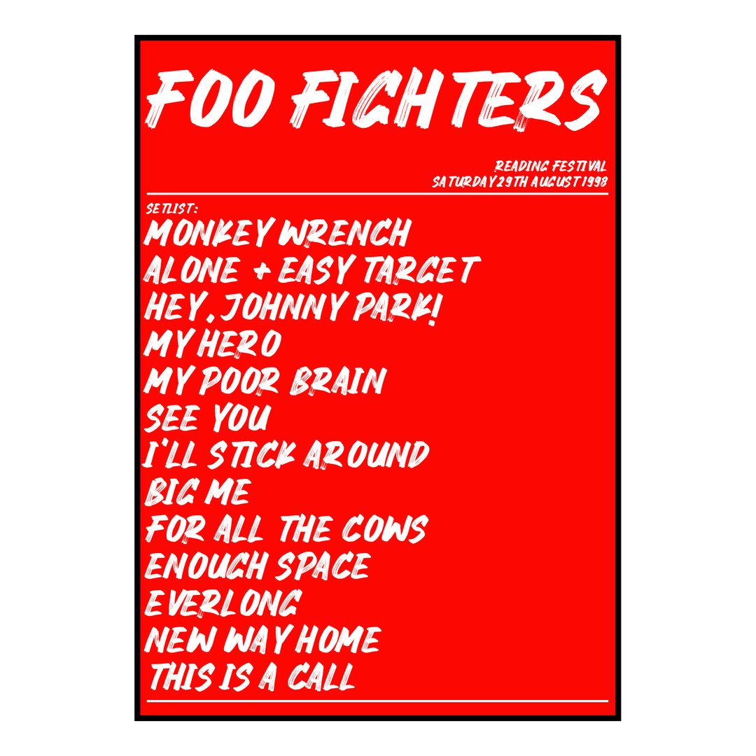 Foo Fighters Reading 29th August 1998 Setlist poster