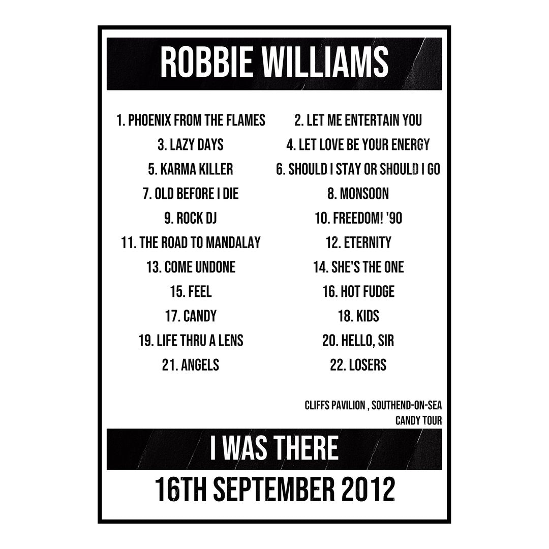 Robbie Williams Southend-on-Sea 16th September 2012 Setlist poster