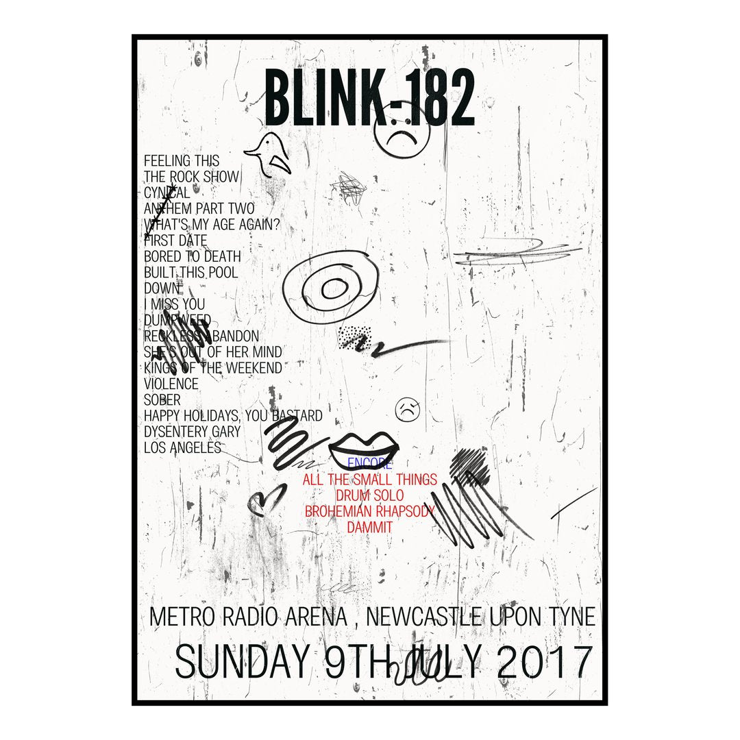 blink‐182 Newcastle upon Tyne 9th July 2017 Setlist poster