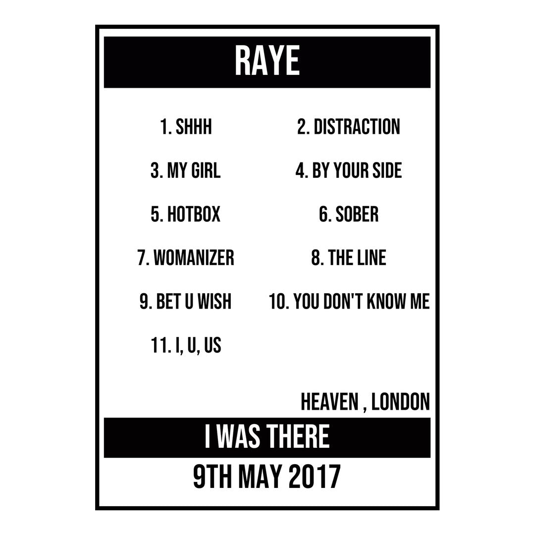 A Setlist Poster Featuring RAYE Gig from London in 2017