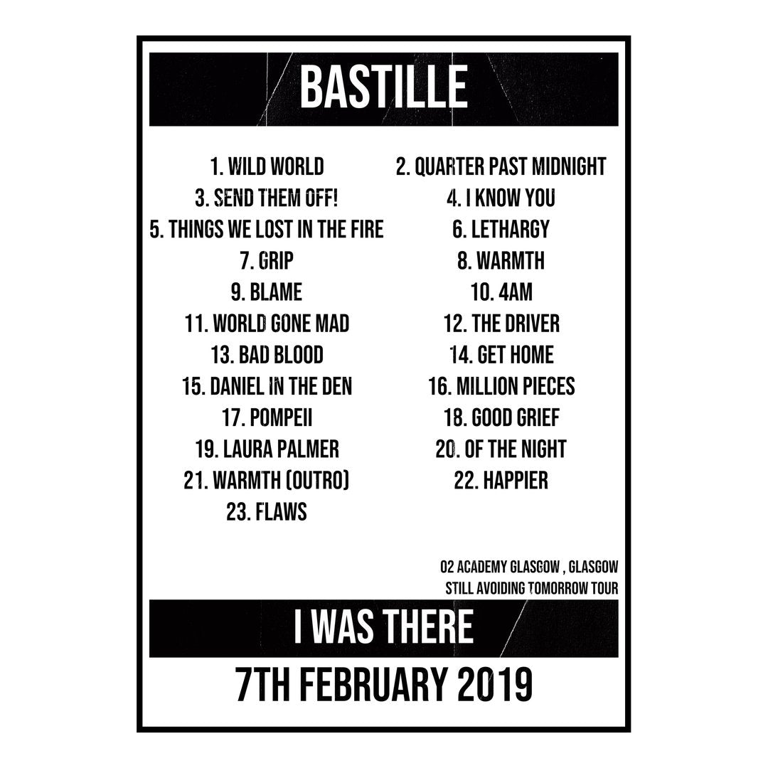 Bastille Glasgow 7th February 2019 Setlist poster