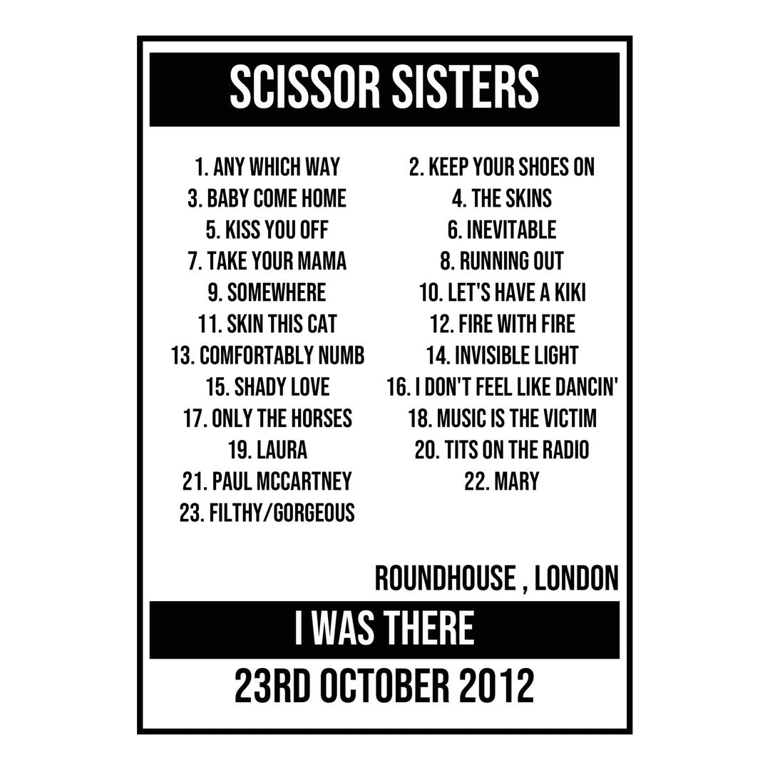 A Setlist Poster Featuring Scissor Sisters Gig from London in 2012