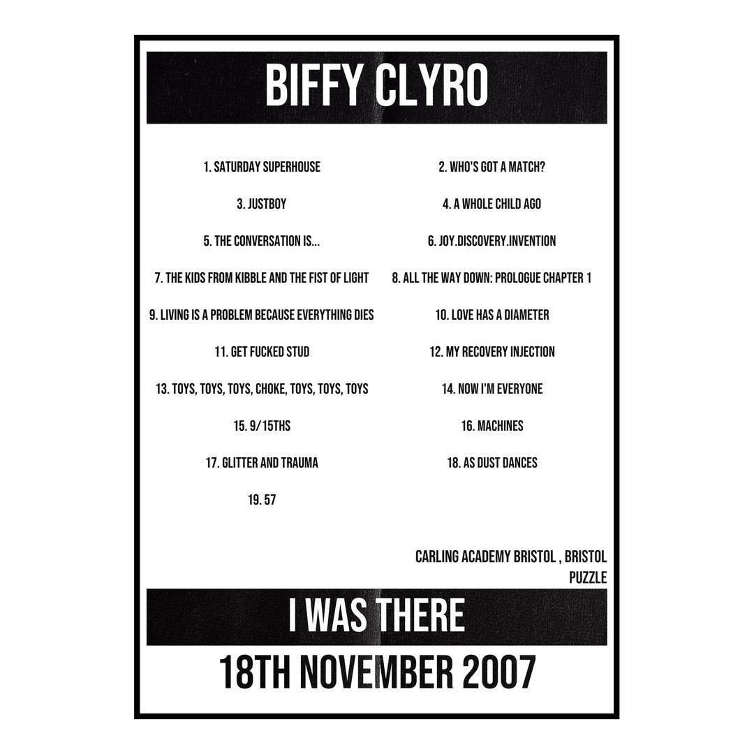 Biffy Clyro Bristol 18th November 2007 Setlist poster
